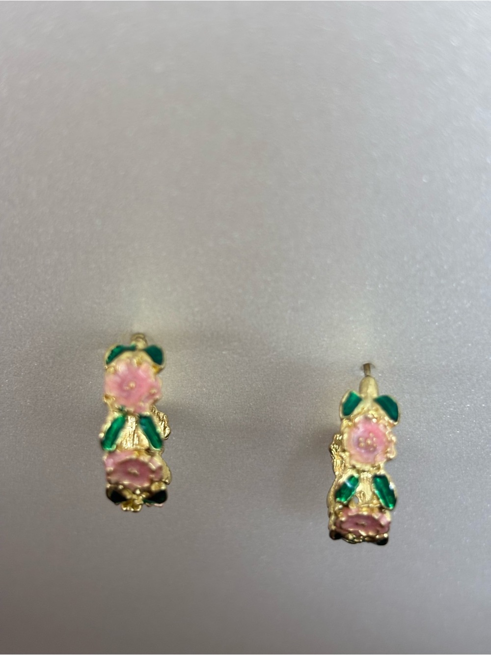 Floral Pink and Green Enamel Huggie Earrings - Women Jewelry